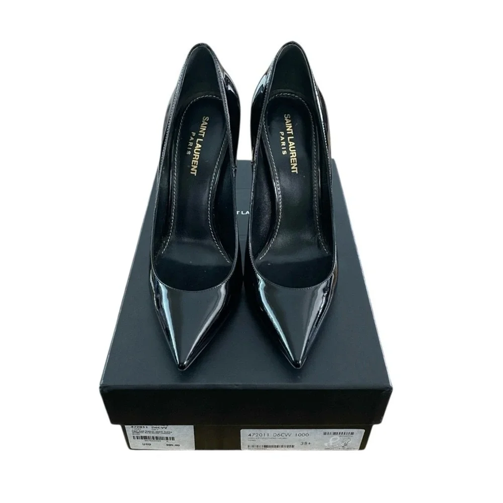 Saint Laurent Women's Black Nero Black Point Toe Vernice‎ Lucido Heels Size 38.5